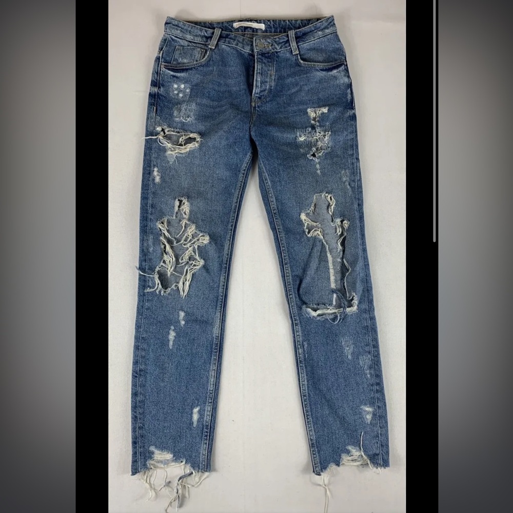 Valerie Taylor London Distressed Mid Rise Ribbed Relaxed Denim Jeans Pants